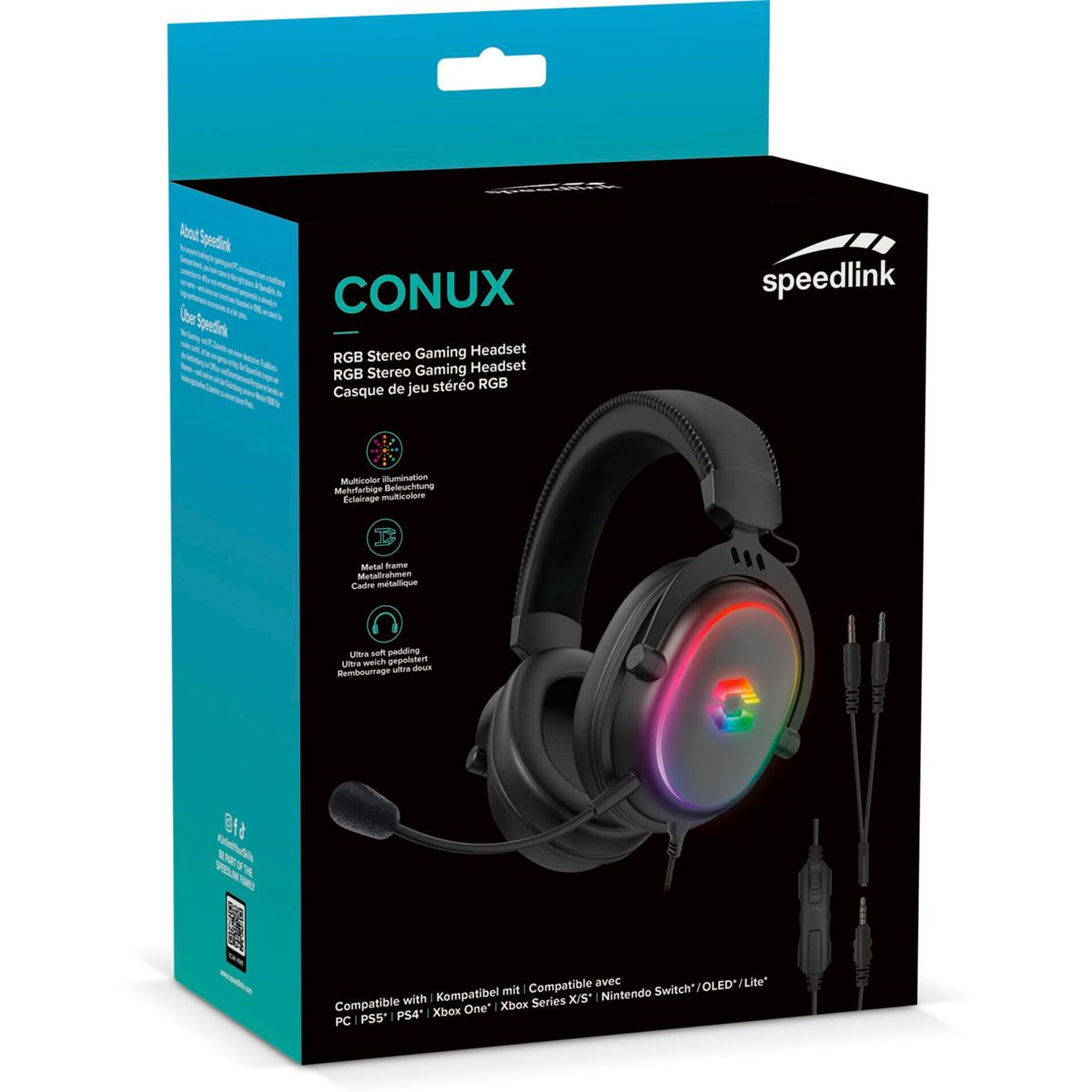 Eine schwarze Speedlink Conux RGB Stereo Gaming Headset Box mit Headset, Mikrofon und Kabeln.