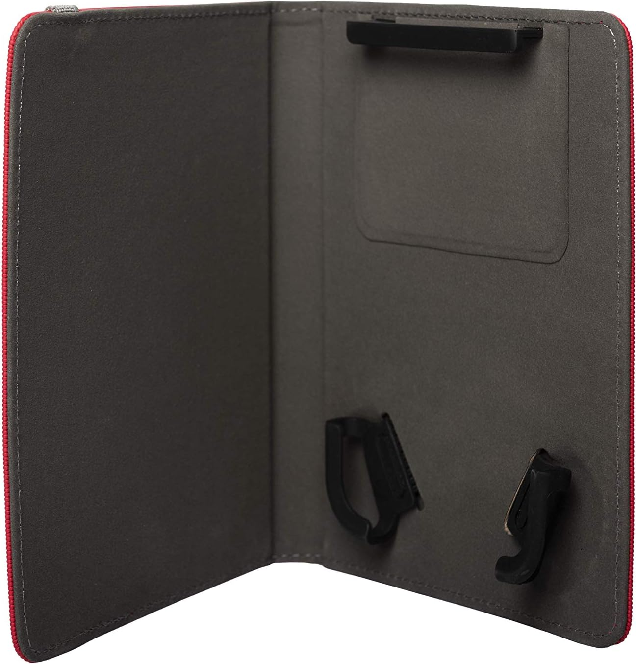 Carpeta gris abierta con borde rojo, presillas para bolígrafo y lengüetas integradas en el interior.