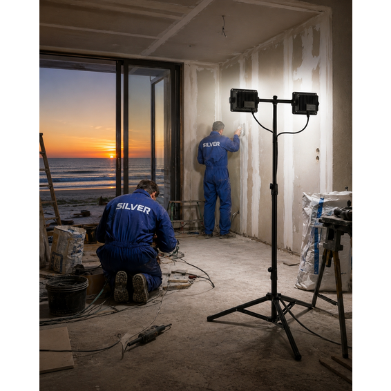 Dos trabajadores con monos azules renuevan una habitación al atardecer.