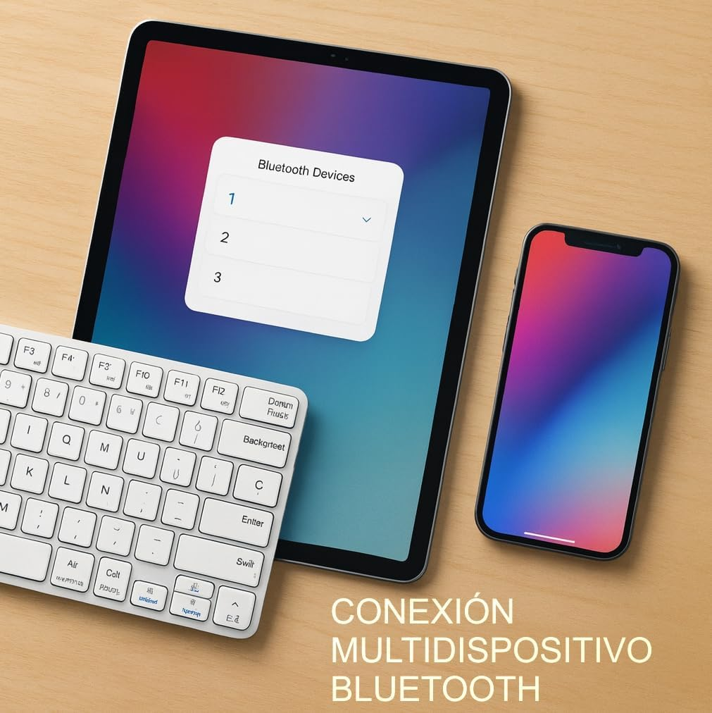 Tablet, teléfono y teclado blanco en mesa de madera con menú Bluetooth.