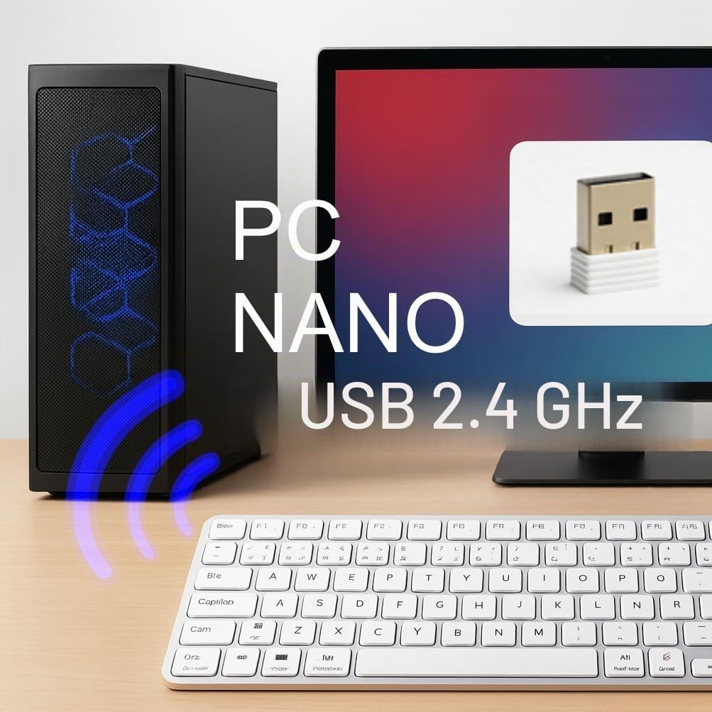 Una PC, monitor, teclado y receptor USB en un escritorio de madera con texto.