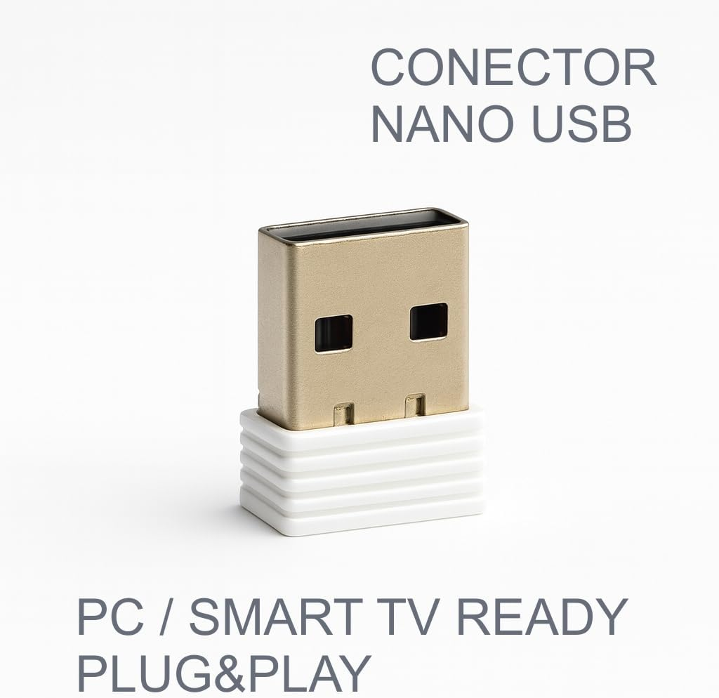 Conector nano USB dorado con base blanca acanalada sobre fondo blanco.
