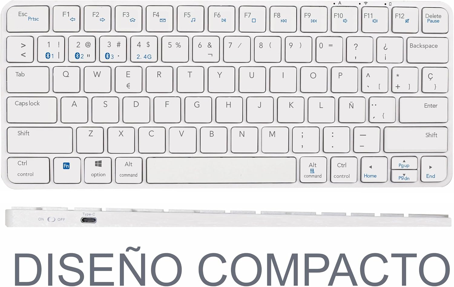 Teclado compacto blanco con símbolos Bluetooth e interruptor lateral.
