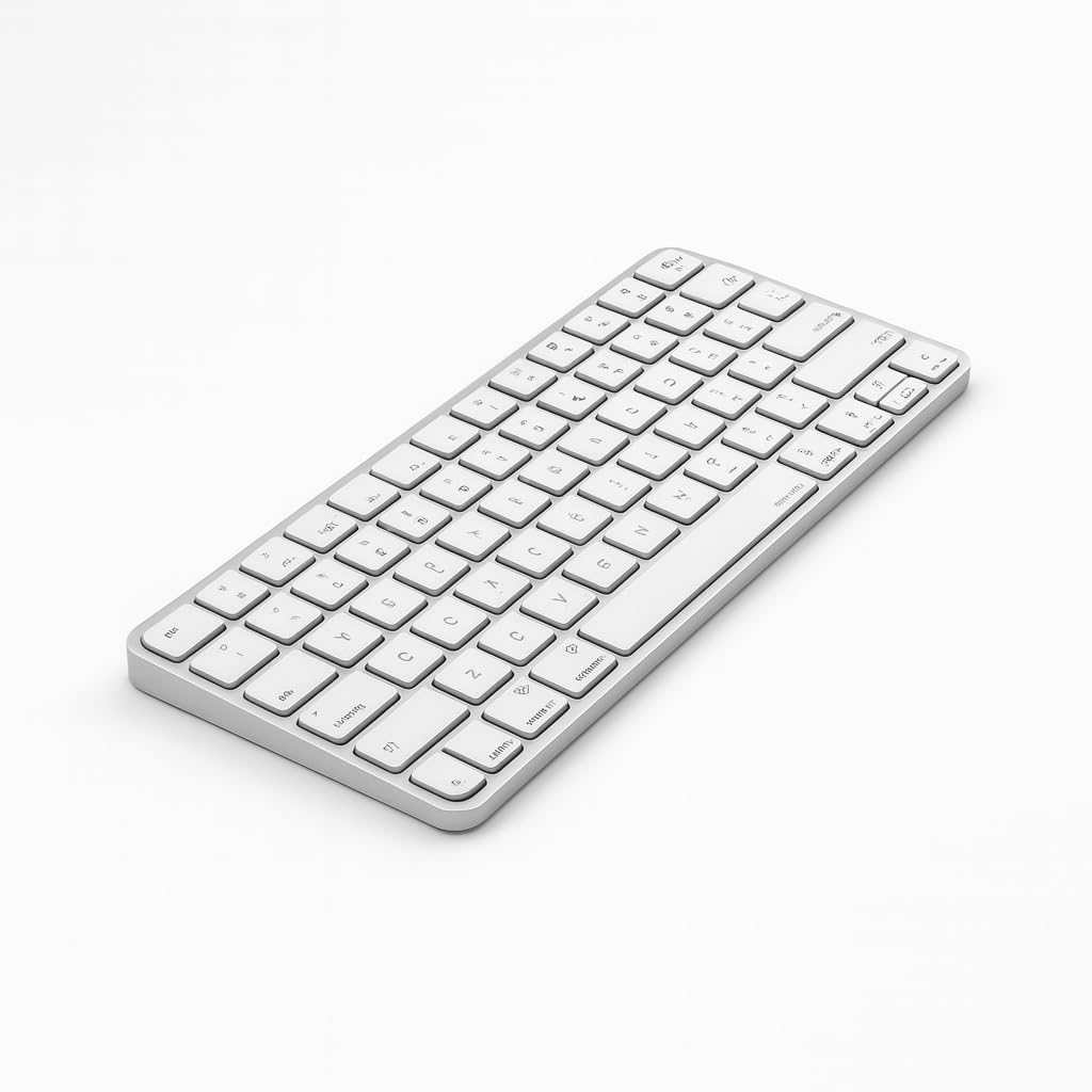 Un teclado inalámbrico blanco en ángulo sobre un fondo blanco.