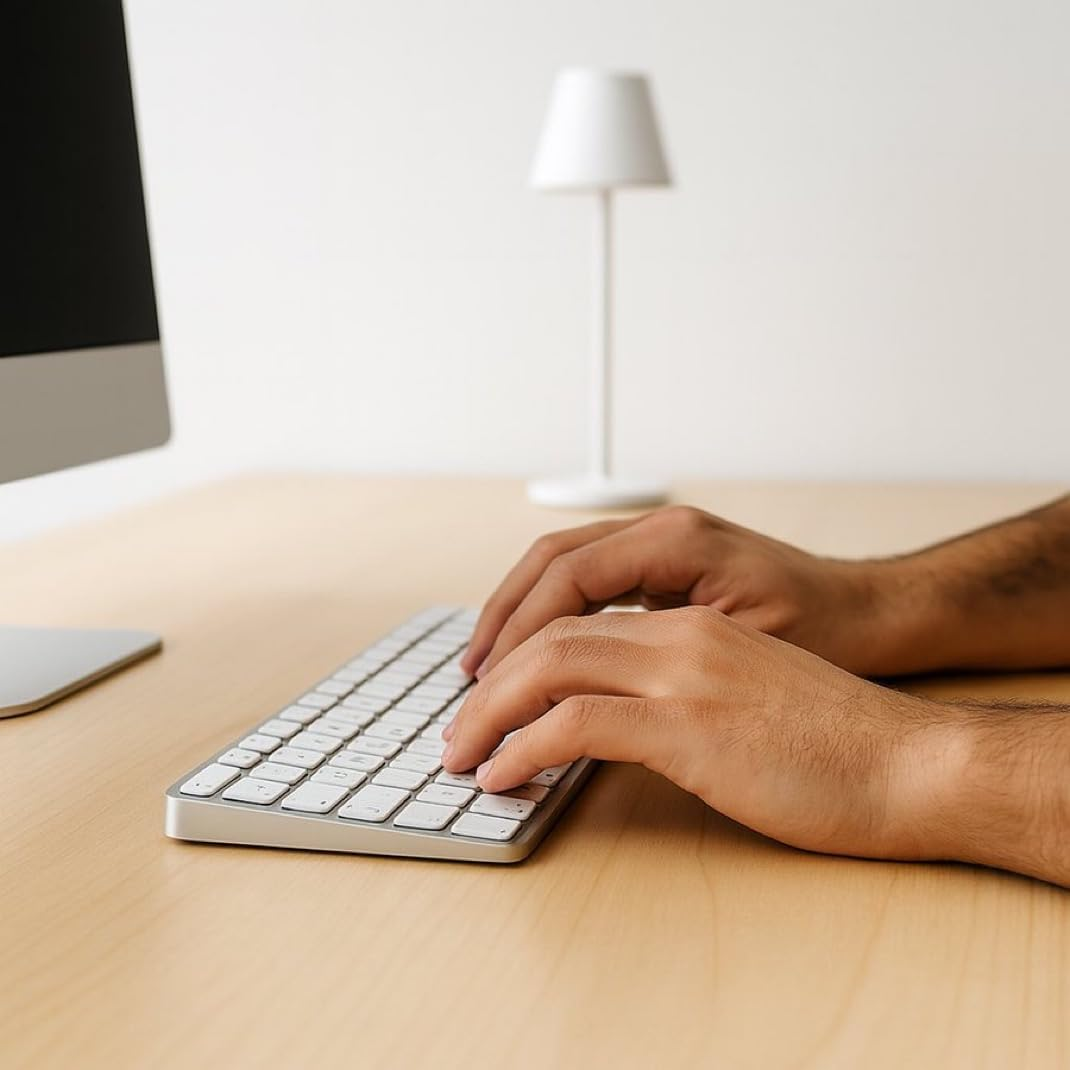Una persona escribe en un teclado blanco en un escritorio de madera con un monitor y una lámpara.