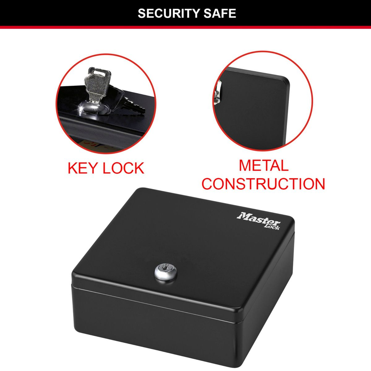 Una cassaforte nera Master Lock in metallo con serratura a chiave, mostrata con cerchi di dettaglio ingranditi.