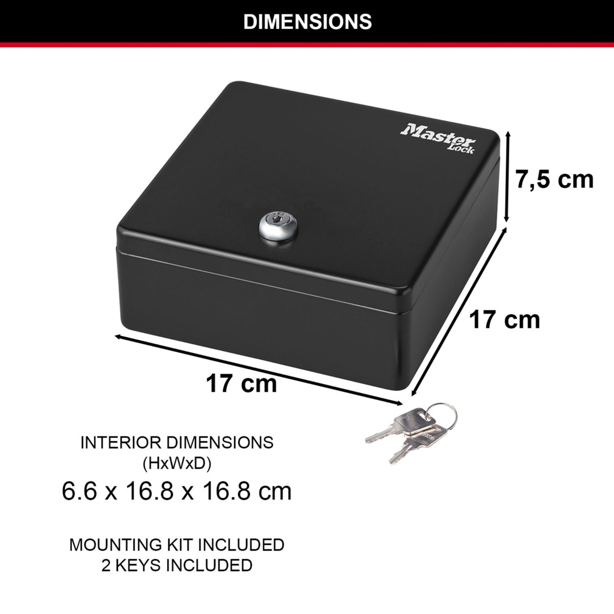 Cassetta portavalori nera Master Lock con chiavi e dimensioni: 7,5x17x17 cm esterne, 6,6x16,8x16,8 cm interne.