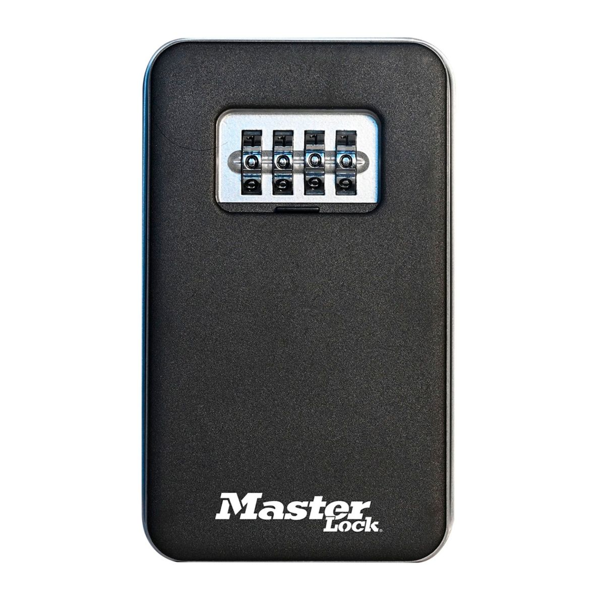 Una cassetta di sicurezza per chiavi Master Lock nera con combinazione a quattro cifre su sfondo bianco.