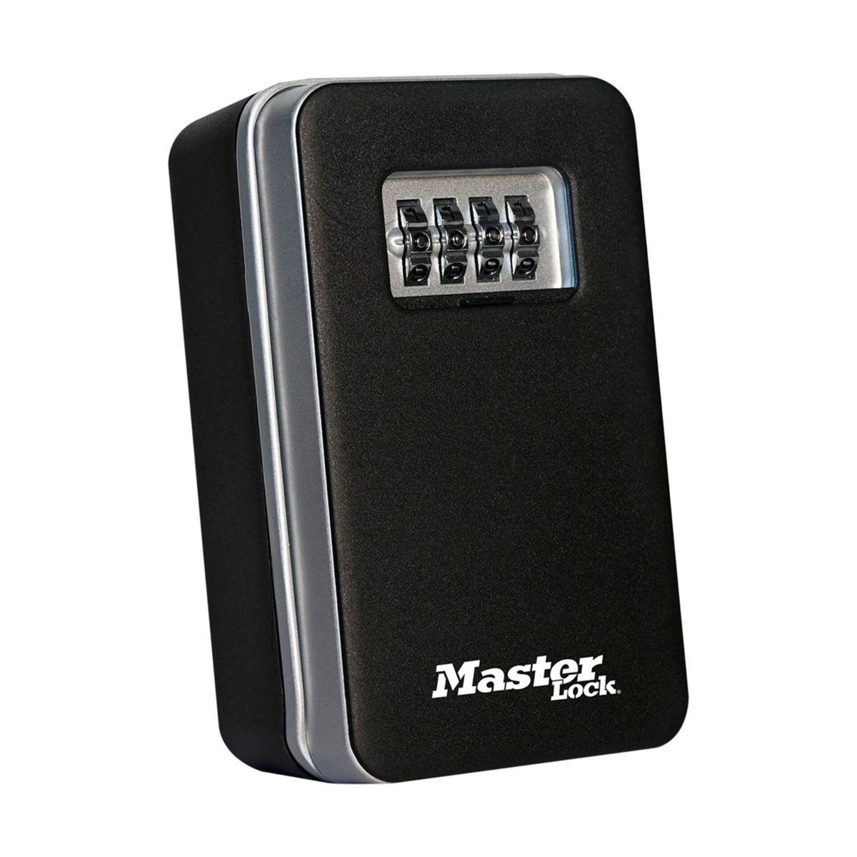 Una cassetta di sicurezza per chiavi Master Lock nera con combinazione a quattro cifre su sfondo bianco.