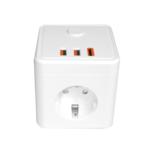 Una regleta cúbica blanca con un enchufe en la parte delantera, tres puertos USB y un interruptor en la parte superior.