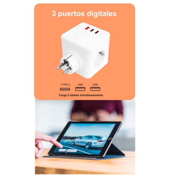 Regleta blanca con puertos USB sobre fondo naranja; abajo, una mano toca una tableta en una mesa de madera.