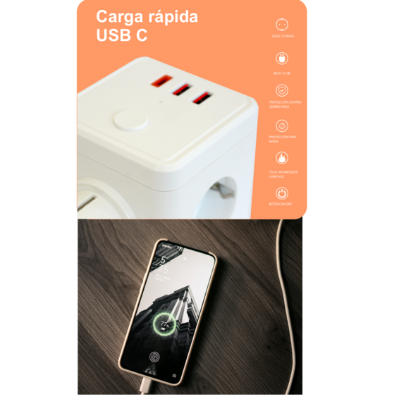 Adaptador de carga rápida USB-C blanco y un smartphone sobre madera.