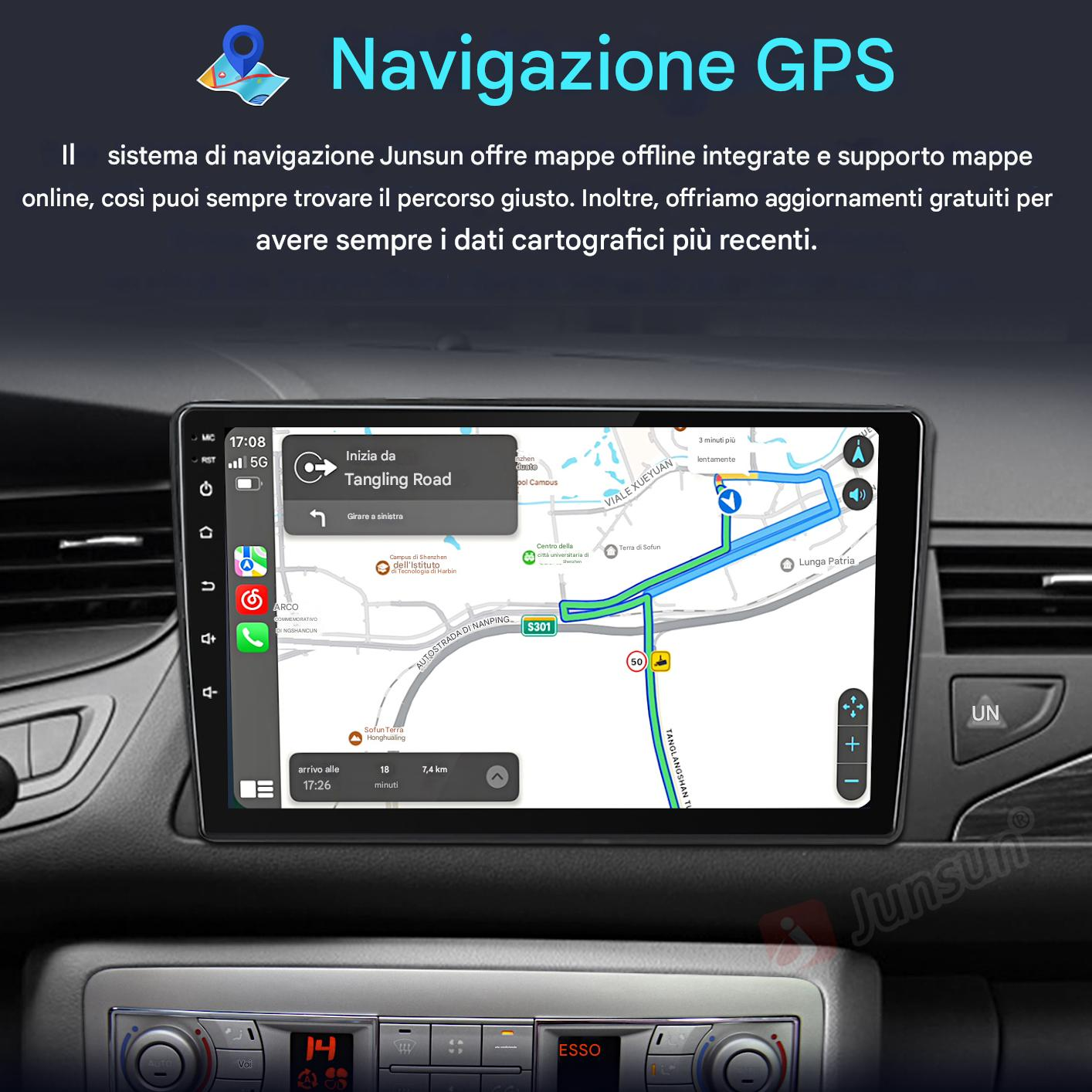Cruscotto auto con schermo digitale che mostra navigazione GPS con mappa del percorso attiva.