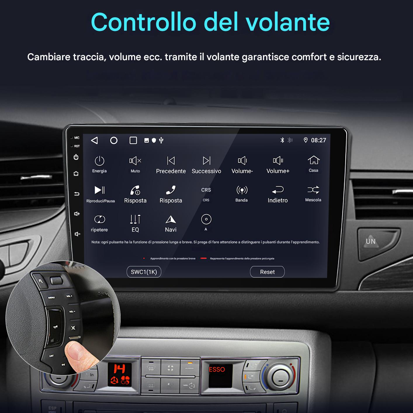 Display auto con menu touch e riquadro di controllo al volante in basso a sinistra.
