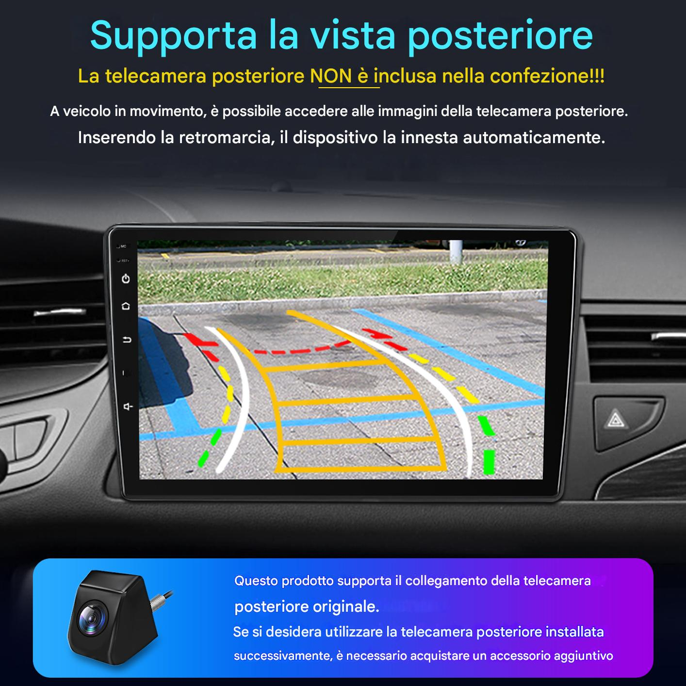 Uno schermo di navigazione per auto mostra la vista della telecamera posteriore con linee guida.