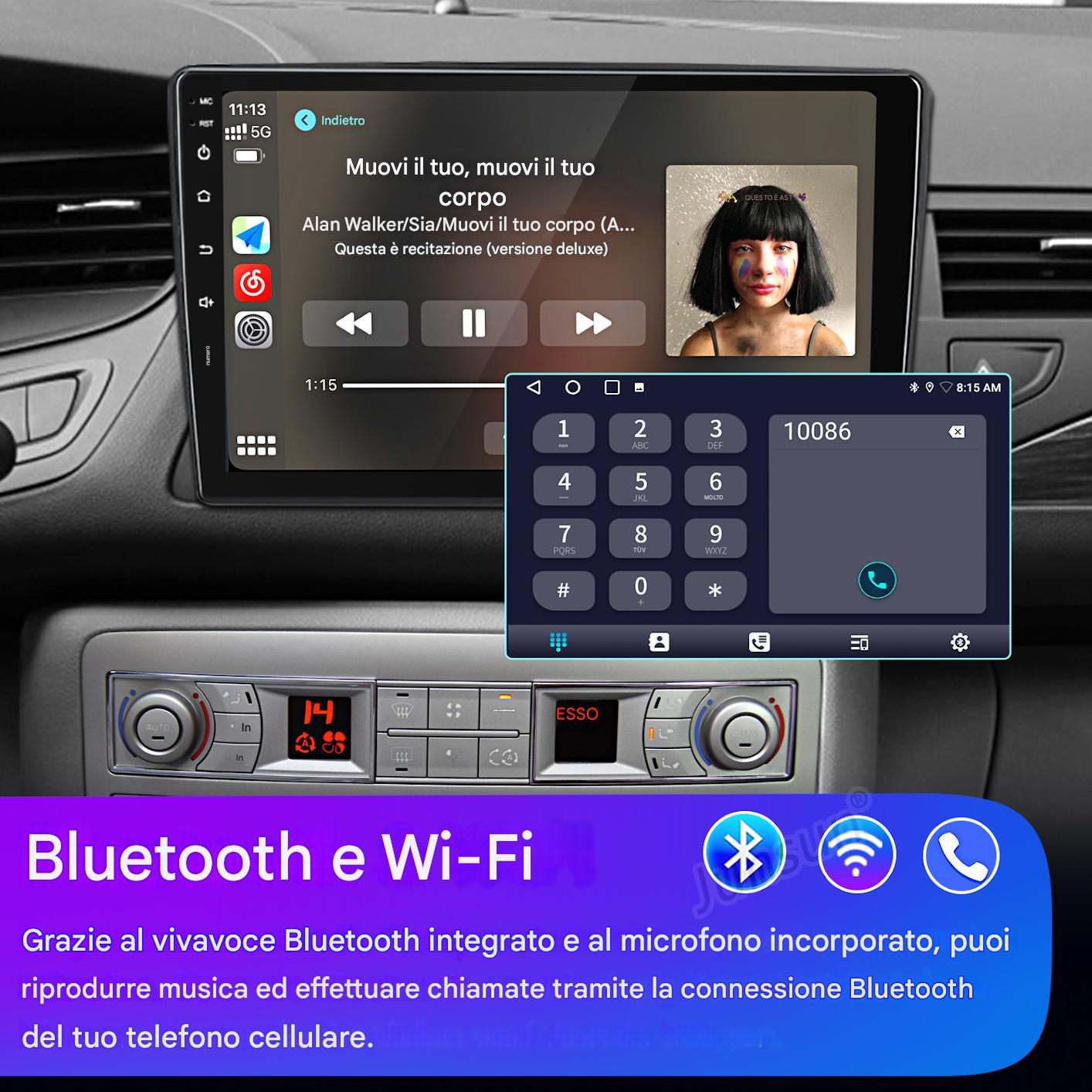 Un autoradio touchscreen mostra la riproduzione musicale e un tastierino, con testo sotto su Bluetooth e Wi-Fi.