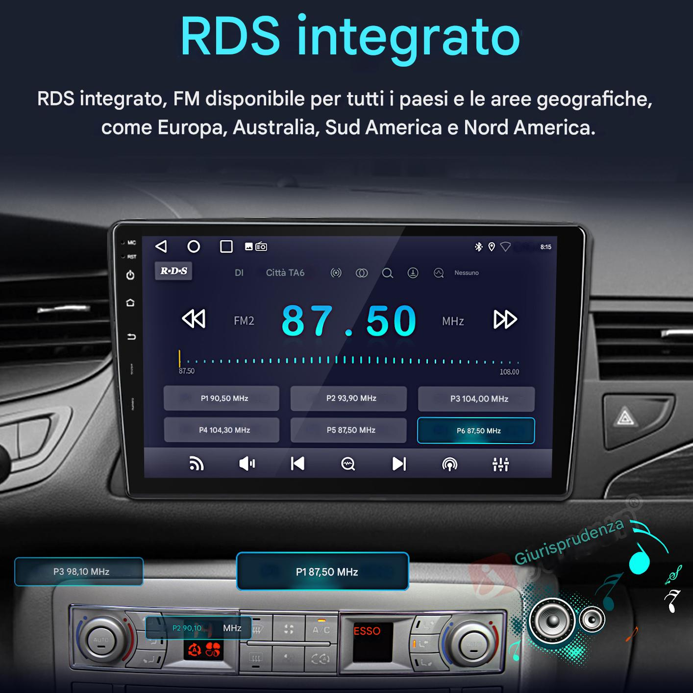 Cruscotto di un'auto con un grande lettore multimediale touch screen che mostra un'interfaccia radio FM.