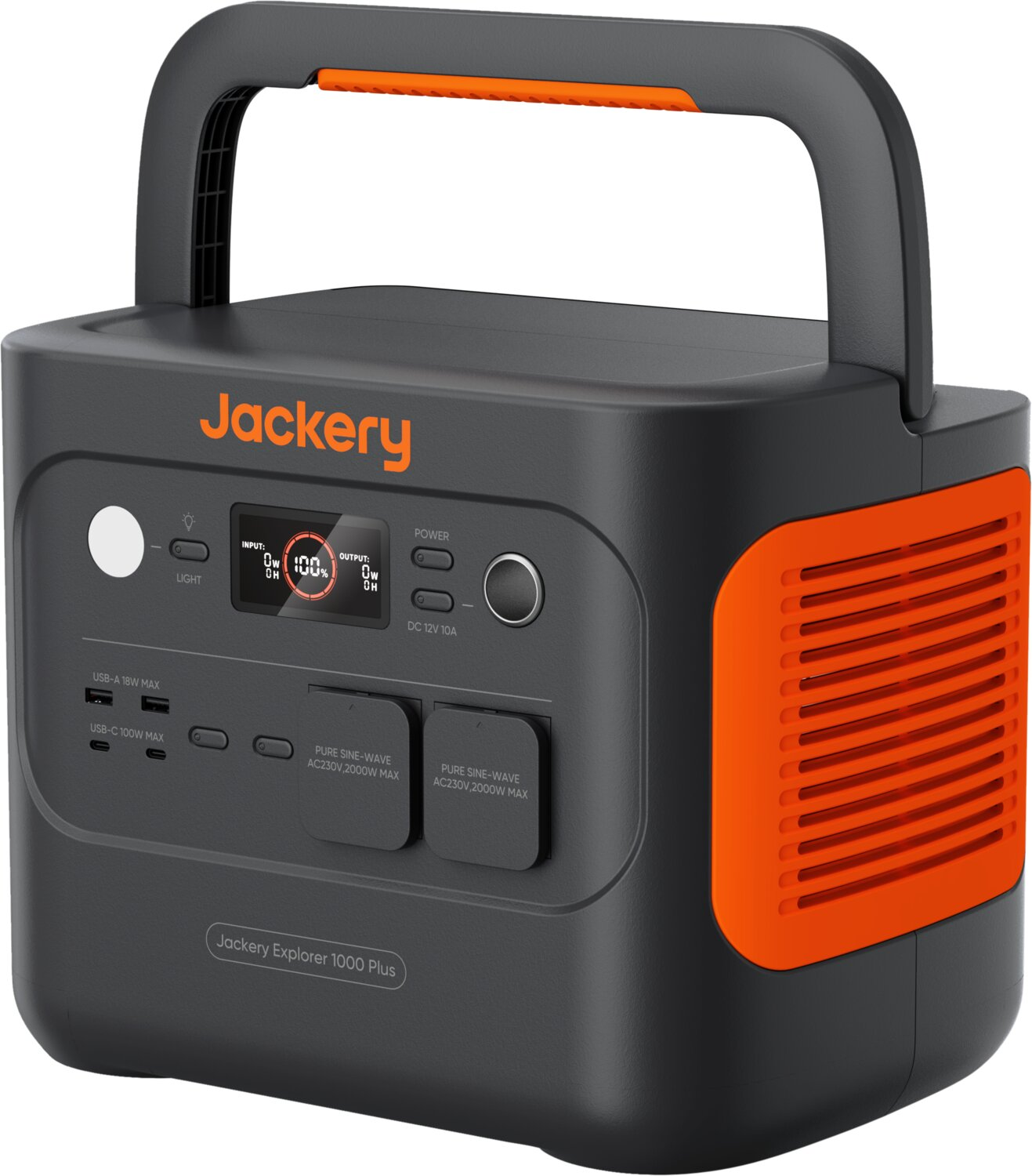 Tragbare Jackery Explorer 1000 Plus Powerstation in Dunkelgrau und Orange mit digitalen Display und Steckdosen.