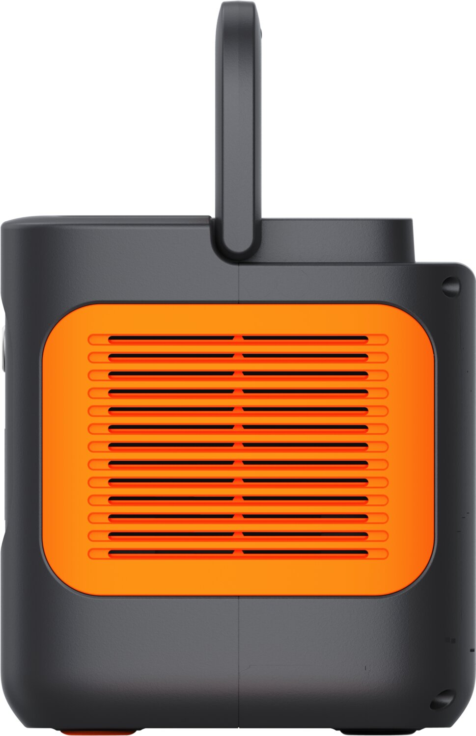 Schwarzes tragbares Gerät mit orangefarbenem Lüftungsgitter und Griff.