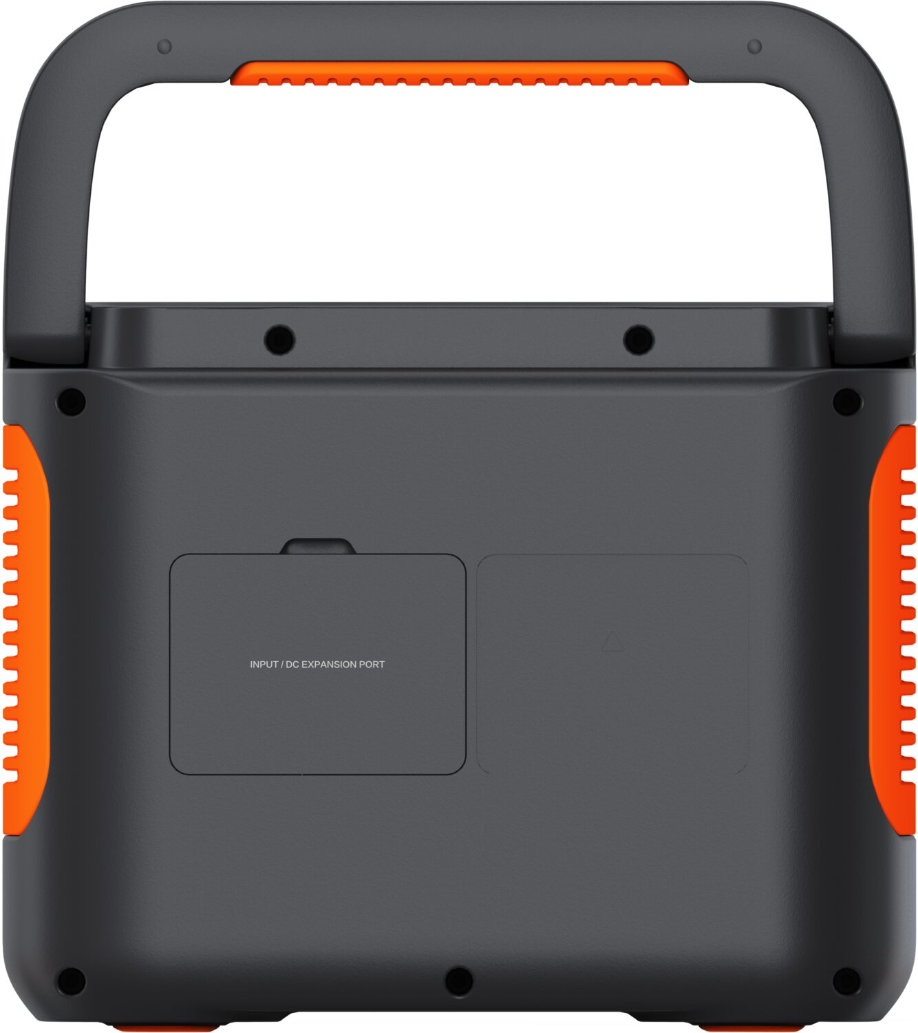 Eine schwarze mobile Powerstation mit orangen Akzenten, stabilem Griff und zwei Anschlussabdeckungen.