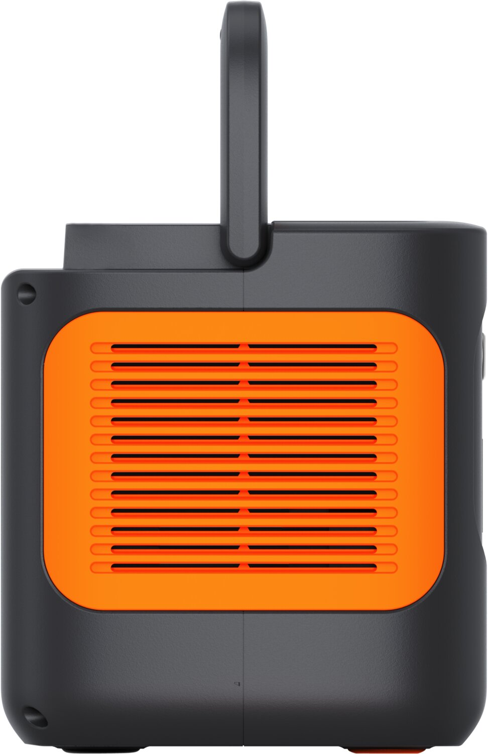 Ein tragbares Gerät mit einem schwarzen Griff, einem schwarzen Gehäuse und einer großen orangen Belüftungsseite.