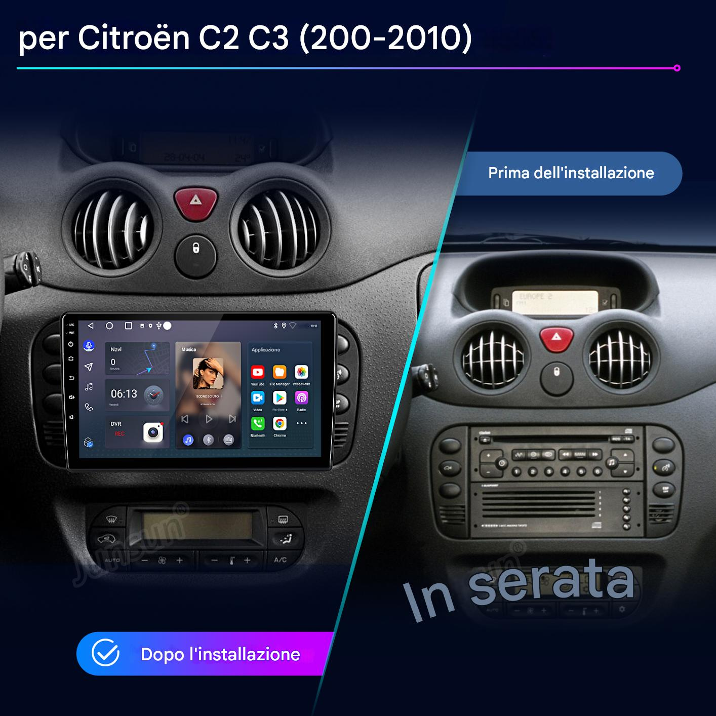 Confronto prima e dopo di un cruscotto con un nuovo display installato in una Citroen C2 C3.