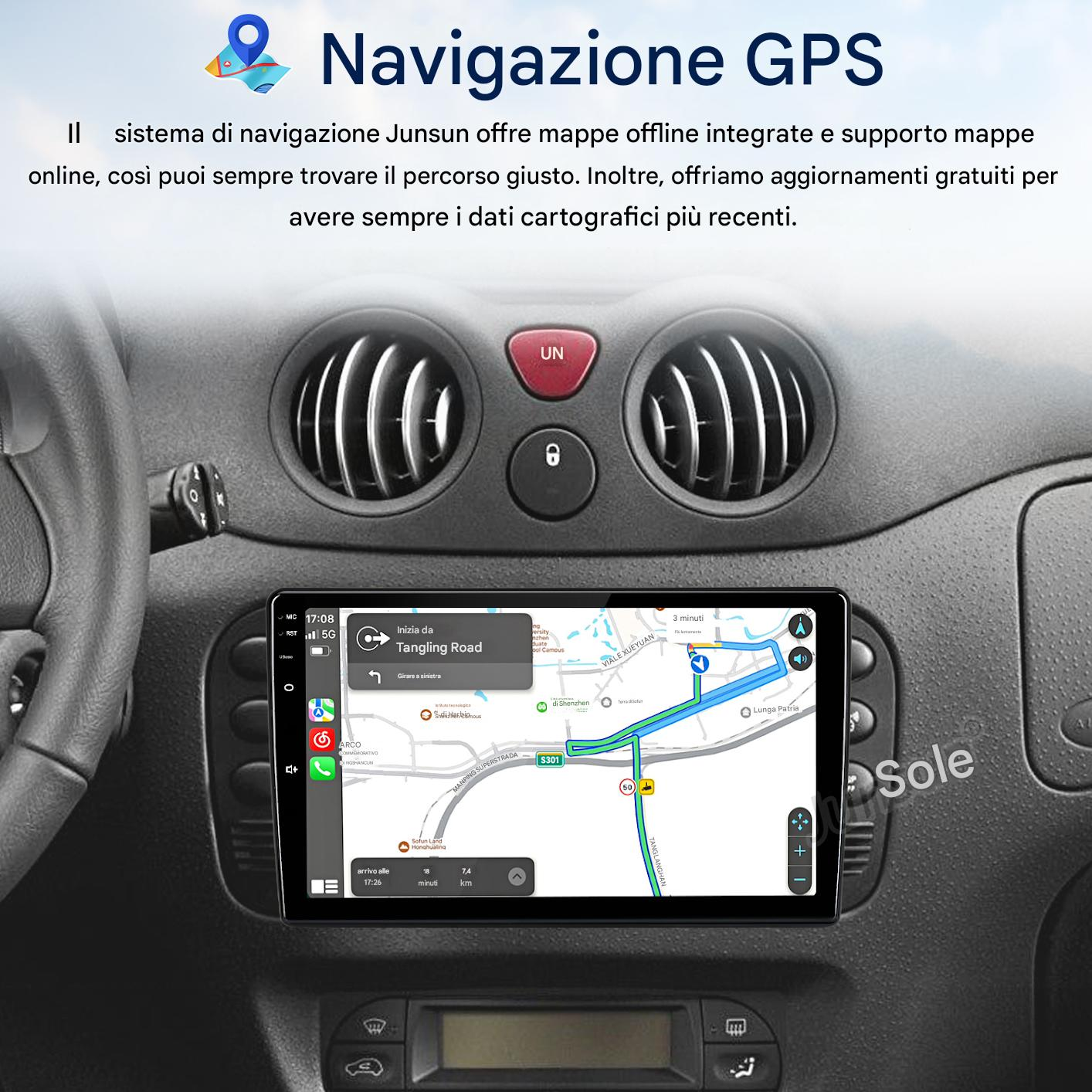 Cruscotto auto con schermo GPS, volante, bocchette d'aerazione e testo promozionale in italiano sopra.