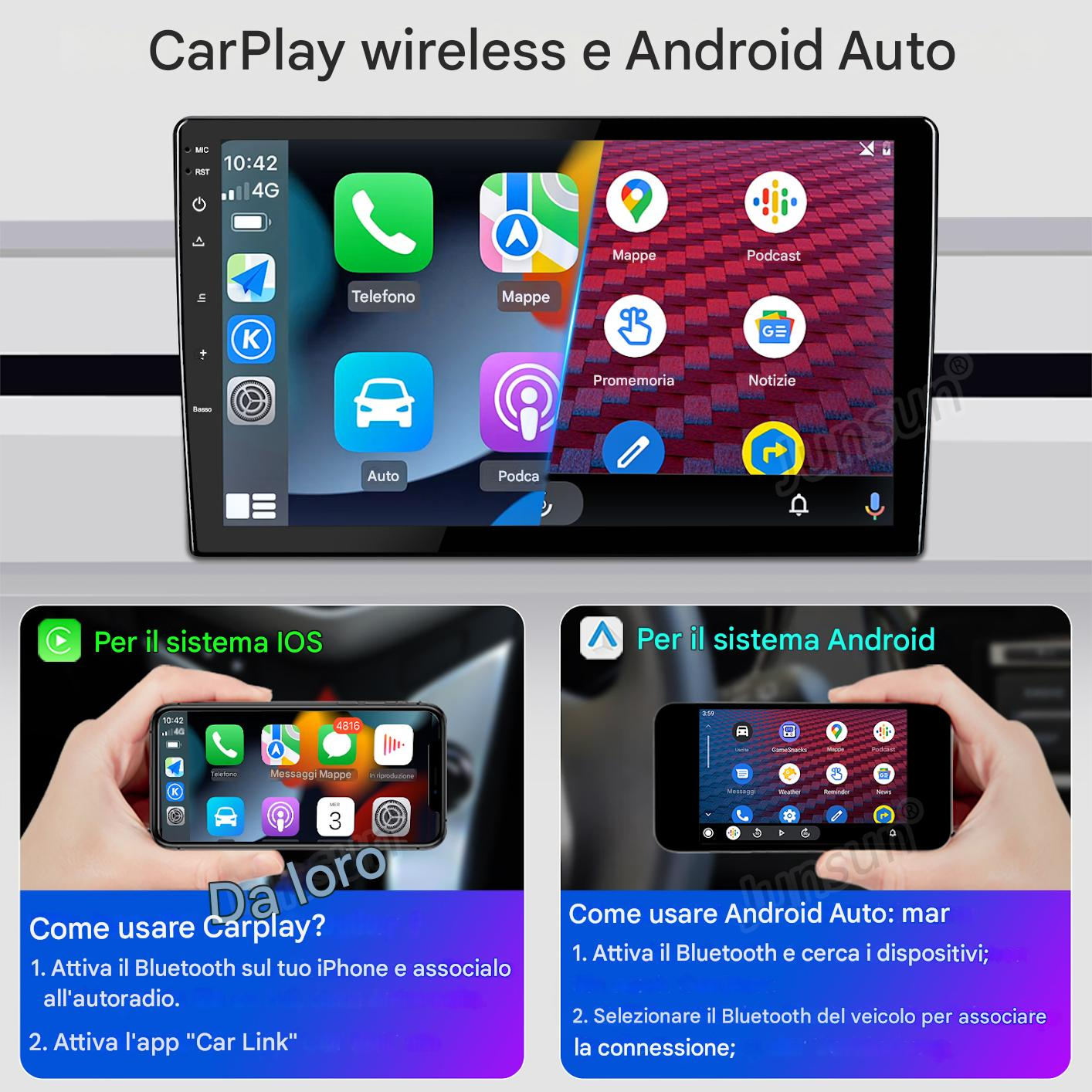 Schermo per auto con interfacce CarPlay e Android Auto e istruzioni.