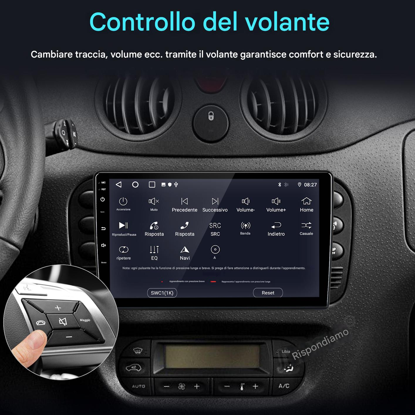 Interni auto con touchscreen e primo piano dei comandi al volante.