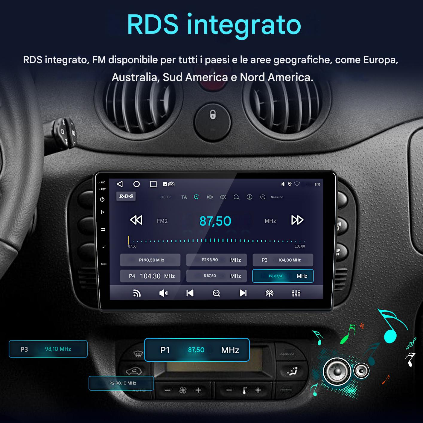 Cruscotto d'auto con autoradio touch screen che mostra un'interfaccia radio RDS.