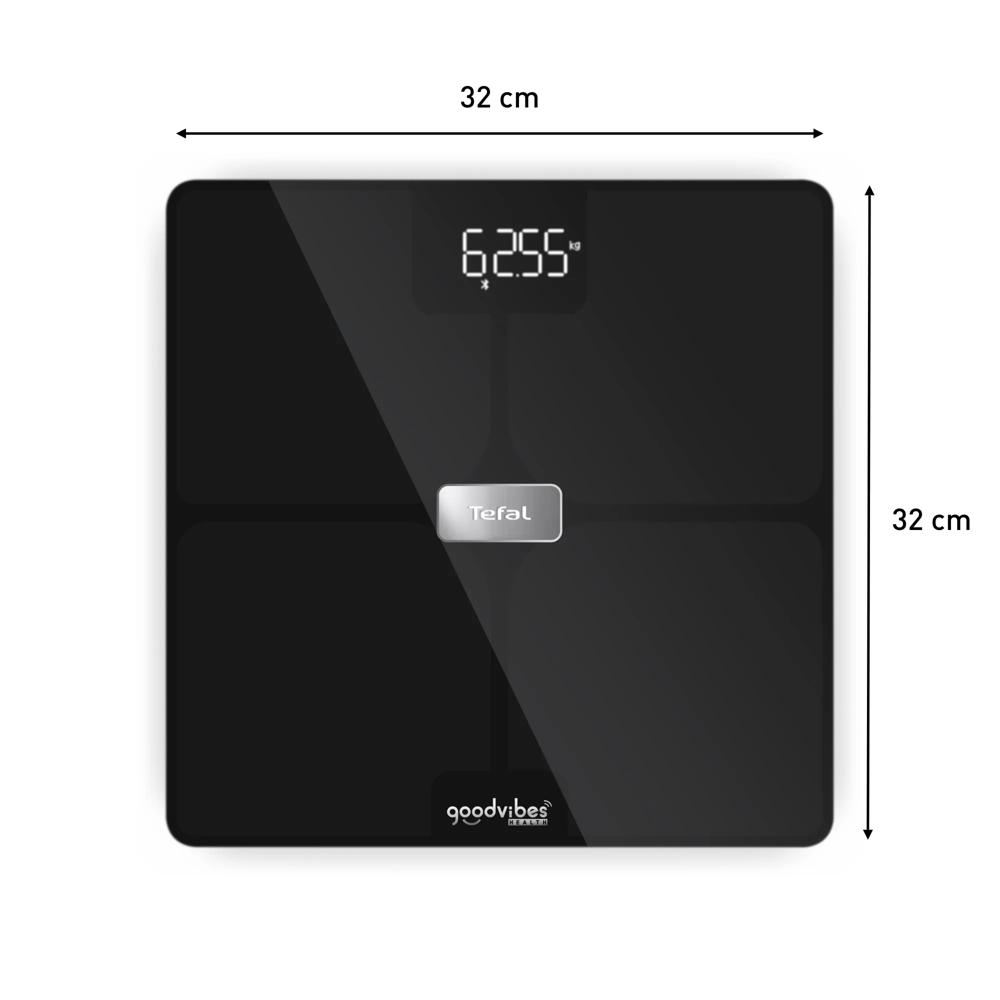 Bilancia pesapersone digitale nera Tefal Goodvibe con dimensioni 32x32 cm su sfondo bianco.
