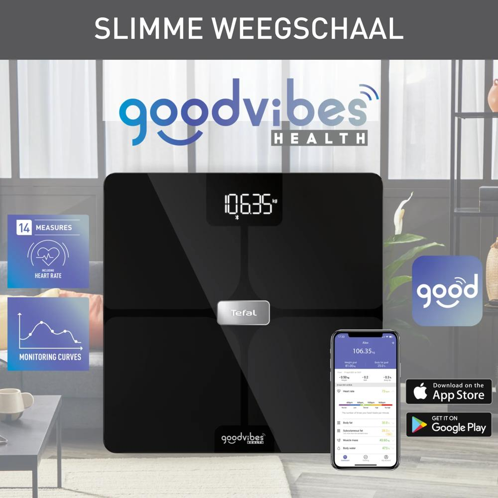 Una bilancia smart Tefal Goodvibes nera in soggiorno con app per smartphone e icone.