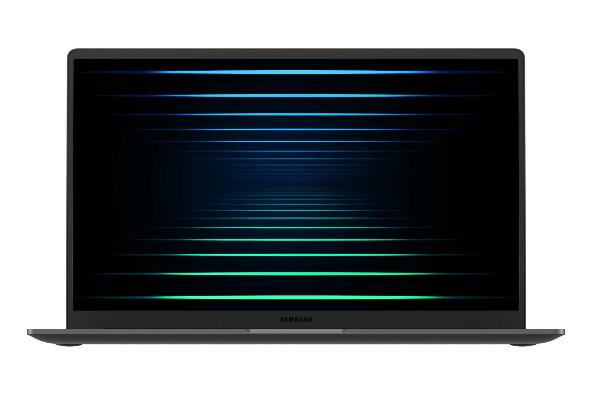 Vista frontale di un laptop Samsung nero con un motivo a linee astratte illuminate sullo schermo.