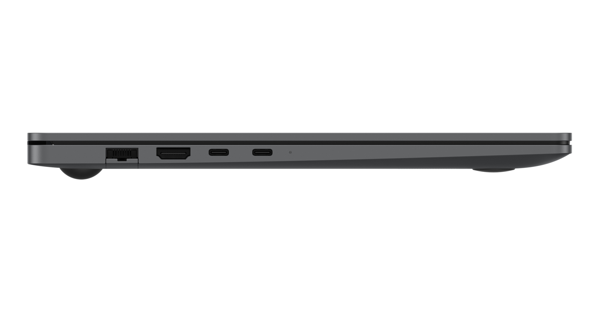 Vista laterale di un laptop grigio con porte Ethernet, HDMI e USB-C.