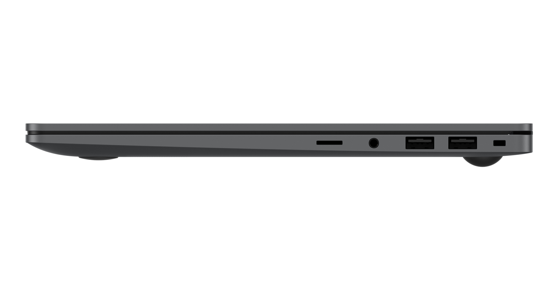 Vista laterale di un laptop sottile grigio scuro che mostra porte e piedini su sfondo neutro.