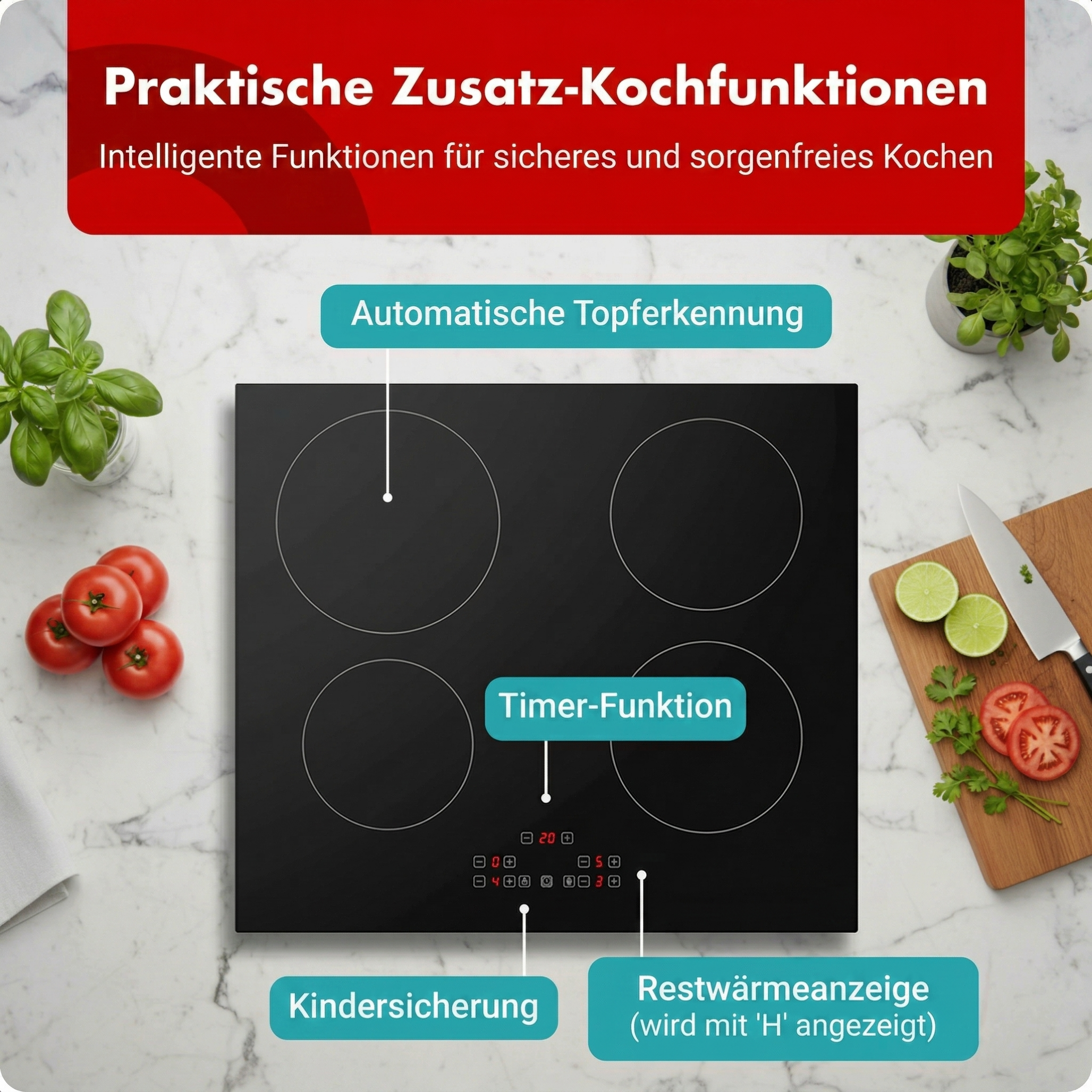 Schwarzes Induktionskochfeld auf Marmorarbeitsplatte mit Tomaten, Kräutern und Funktionsbeschriftungen.
