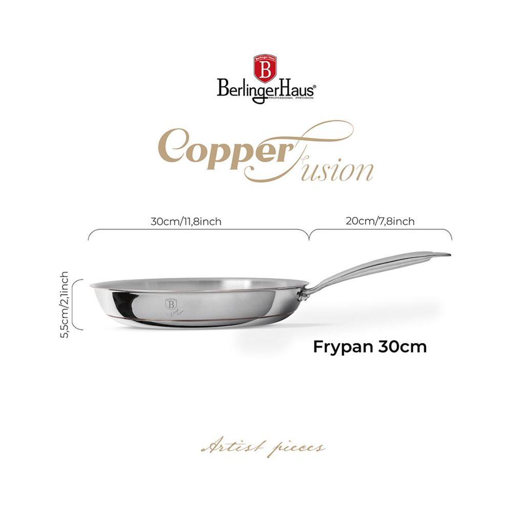 Padella Berlinger Haus da 30 cm con logo Copper Fusion e dimensioni.