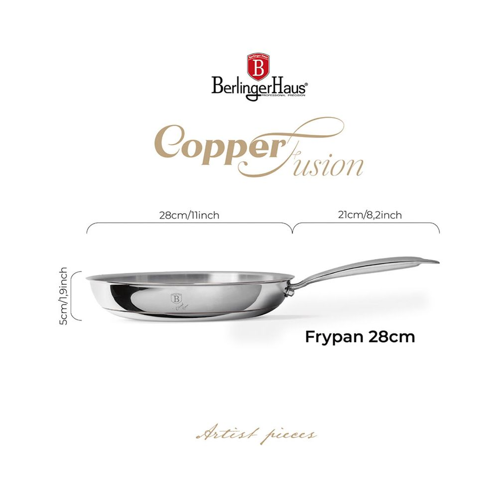 Padella Berlinger Haus da 28 cm, con dimensioni e logo Copper Fusion su sfondo bianco.