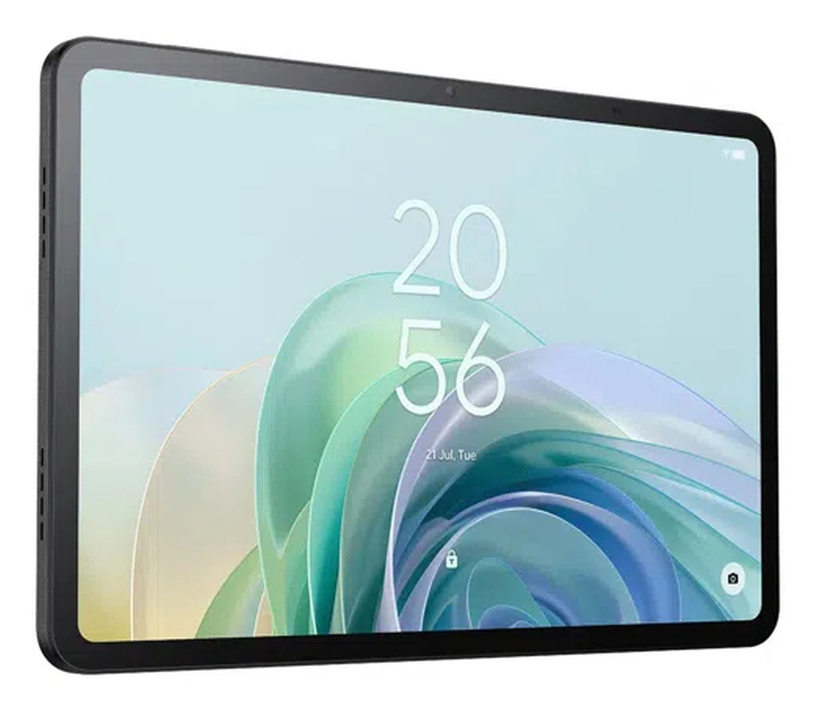 Tablette noire avec fond abstrait lumineux, horloge numérique affichant 20:56 et date à l'écran.