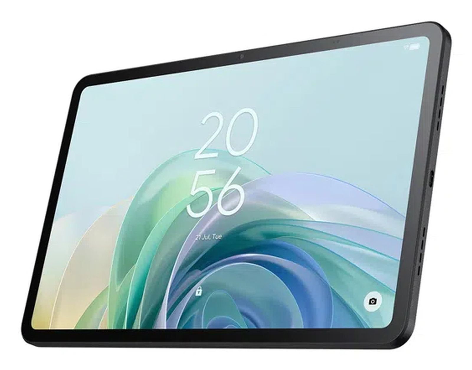 Une tablette noire affiche un fond abstrait coloré avec l'heure 20:56 sur l'écran.