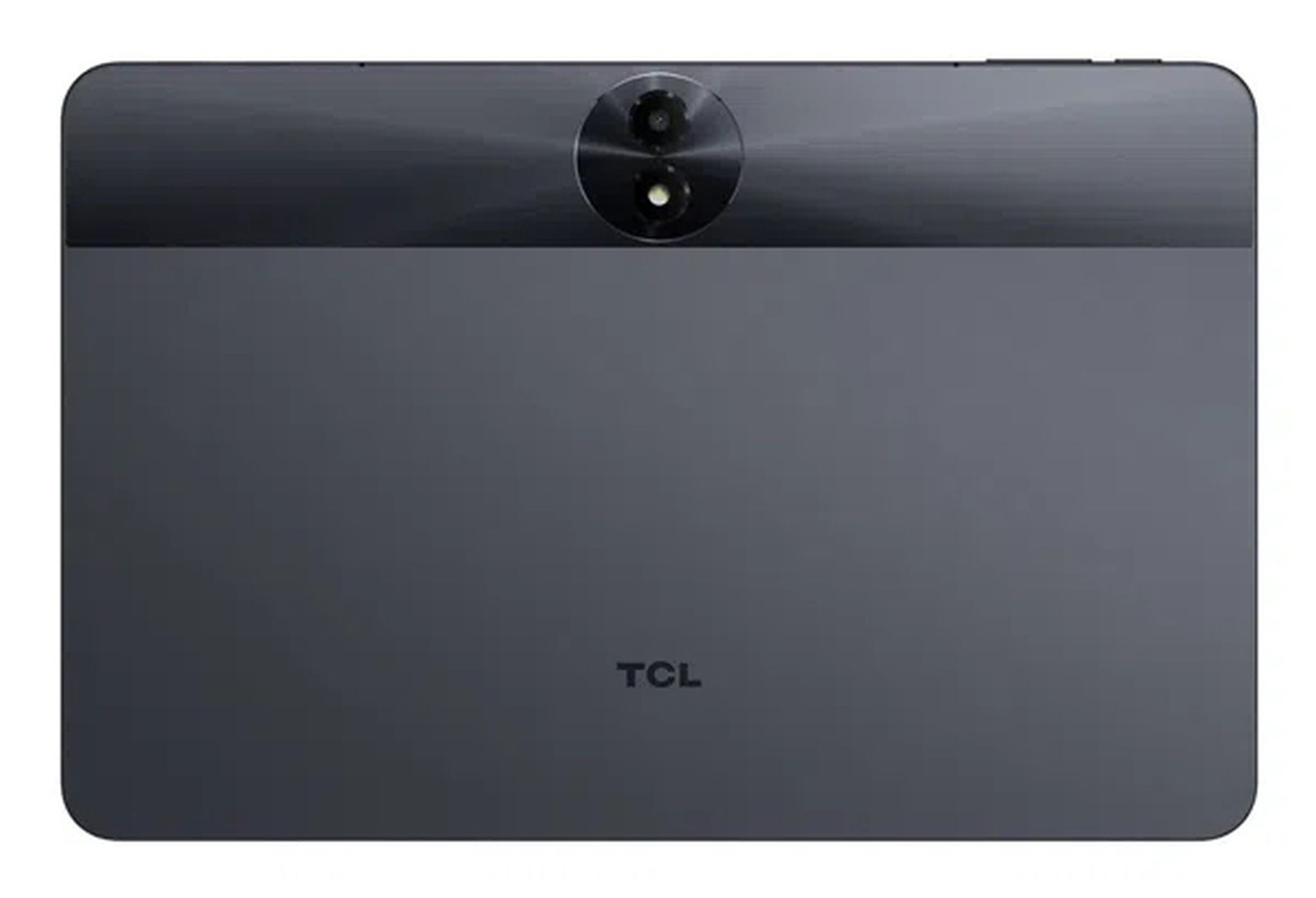 Dos d'une tablette TCL grise avec un module double caméra et un flash en haut, et le logo TCL en bas.