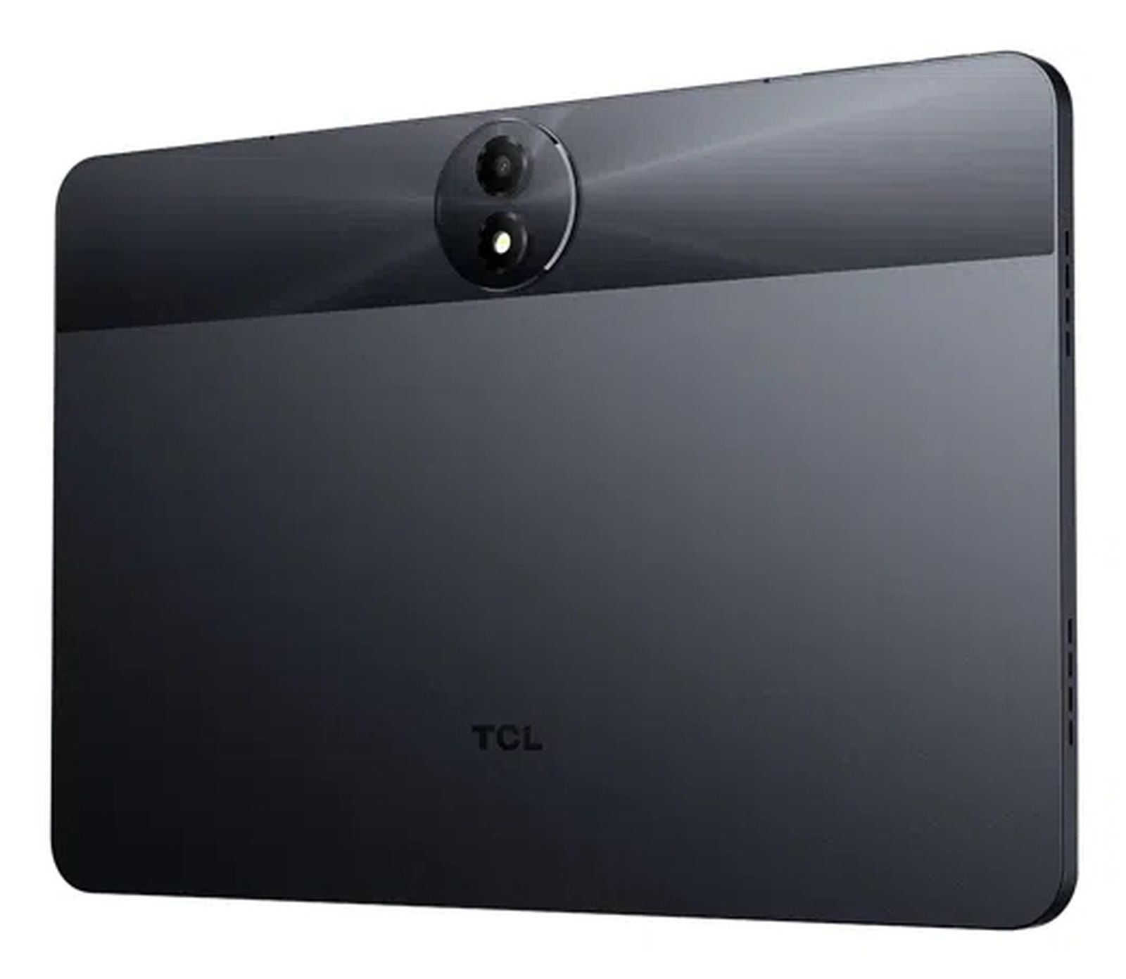Dos d'une tablette TCL gris foncé montrant son module photo et son logo.
