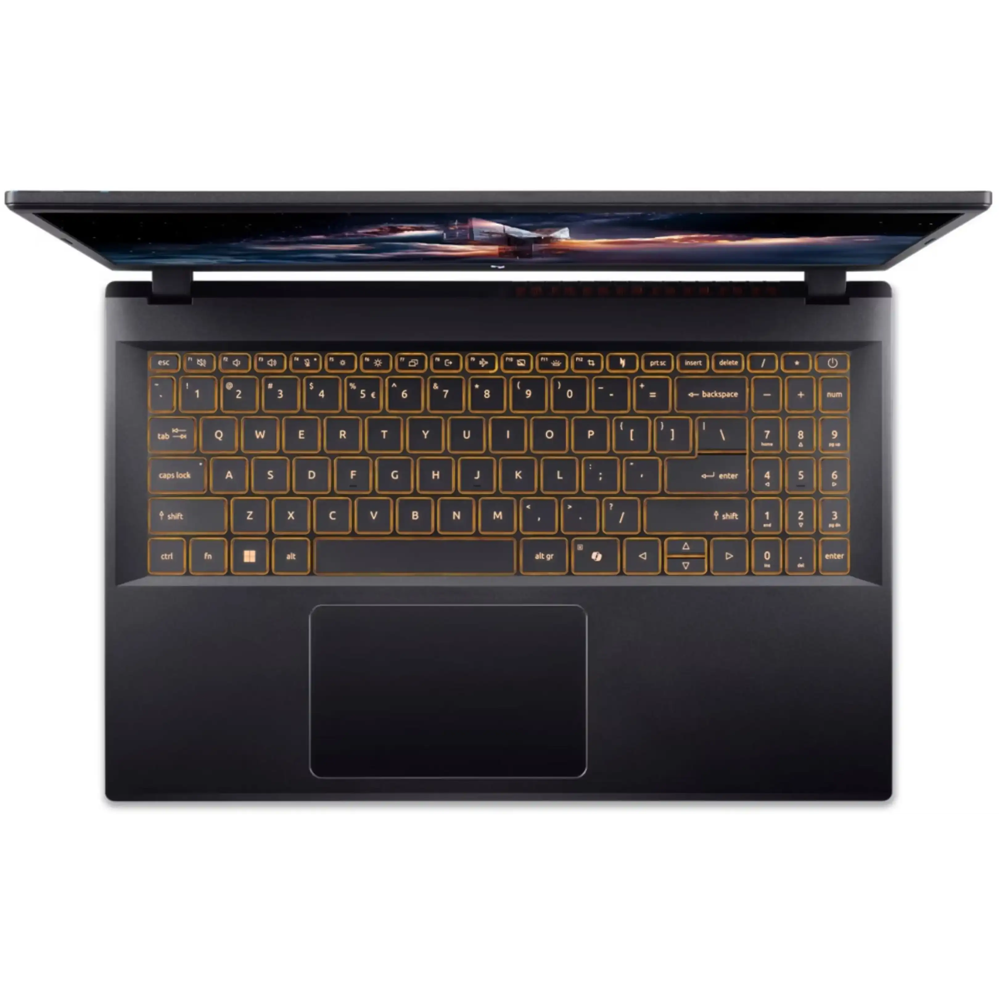 Vista dall'alto di un computer portatile nero con tastiera retroilluminata.