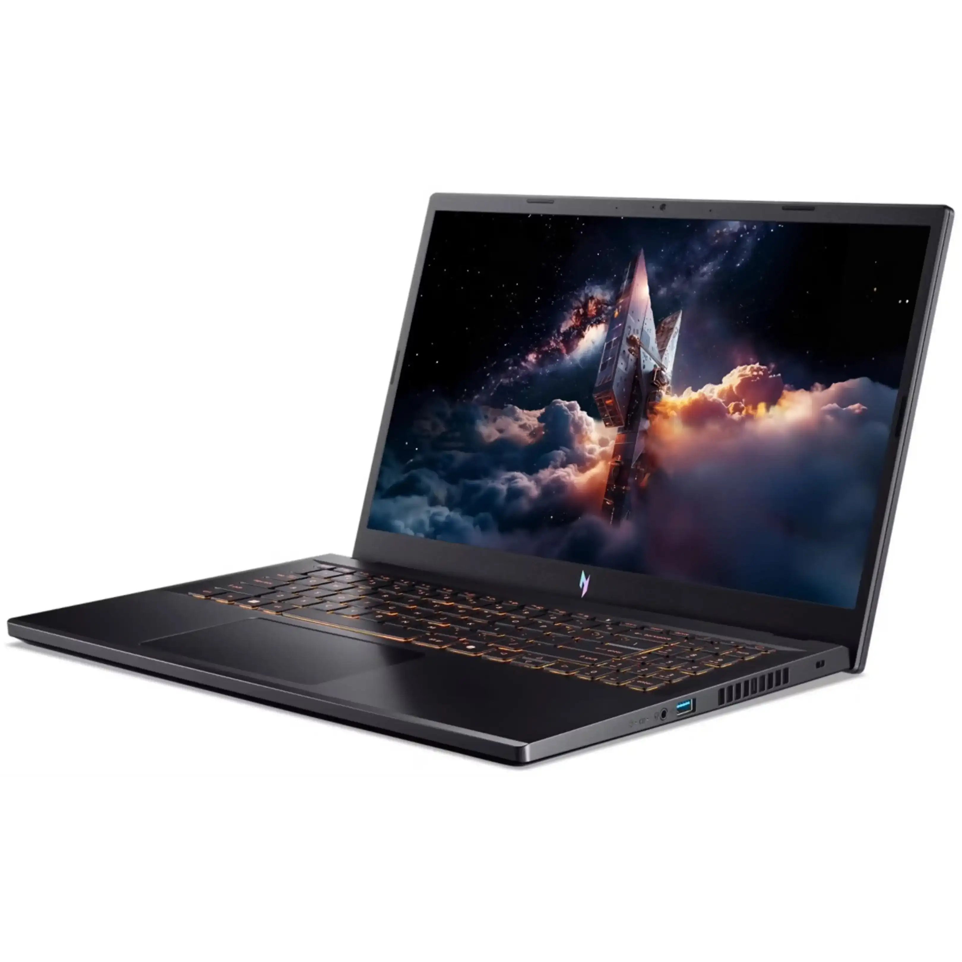 Un computer portatile da gioco nero con tastiera retroilluminata e uno sfondo cosmico sullo schermo.