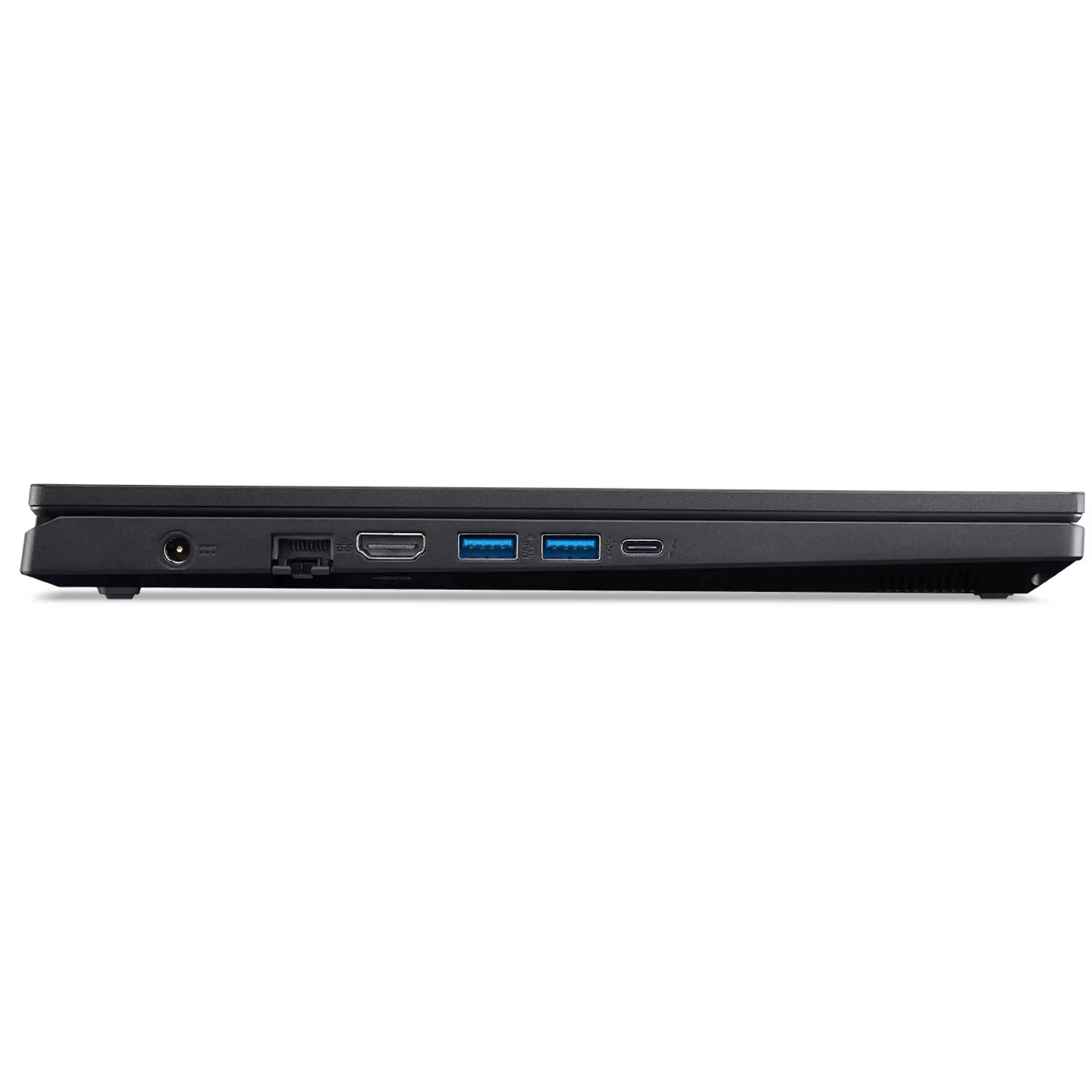 Vista laterale di un laptop nero che mostra varie porte tra cui alimentazione, ethernet, HDMI, USB e USB-C.