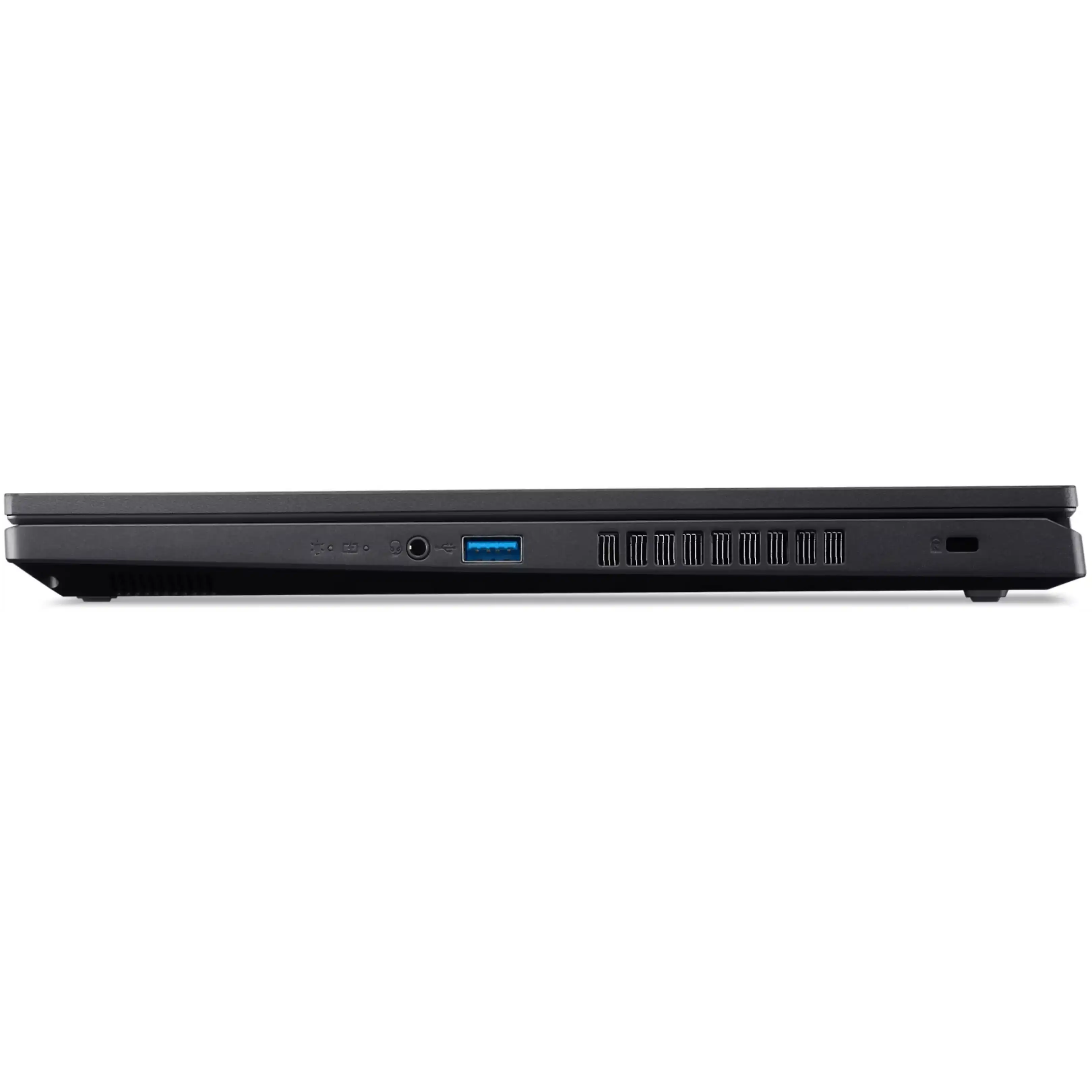 Vista laterale di un laptop nero con porta USB, jack audio e prese d'aria.