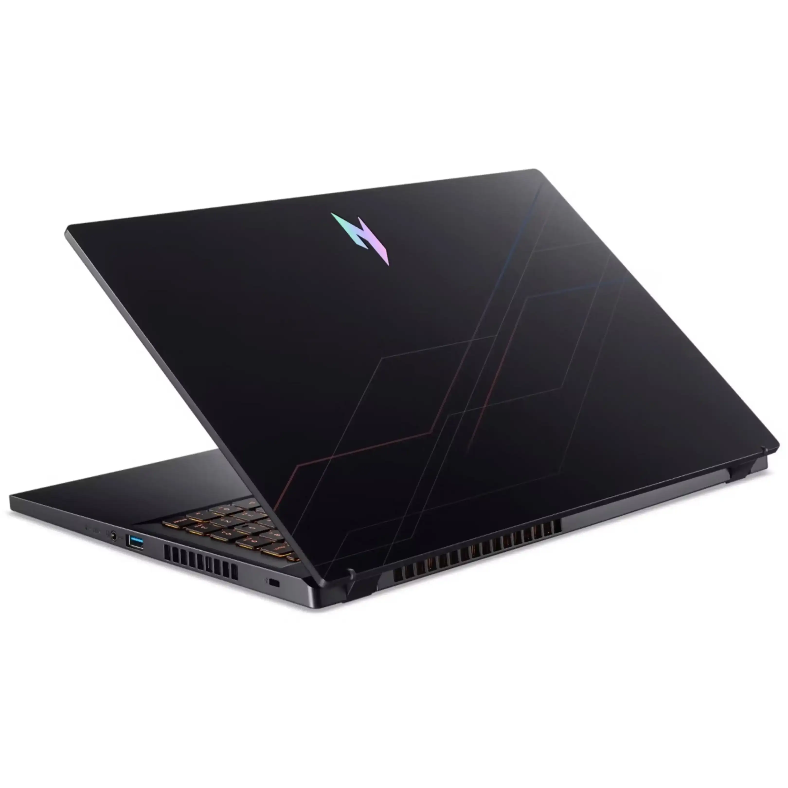 Un computer portatile da gioco nero con logo illuminato e sottili linee geometriche sul coperchio.