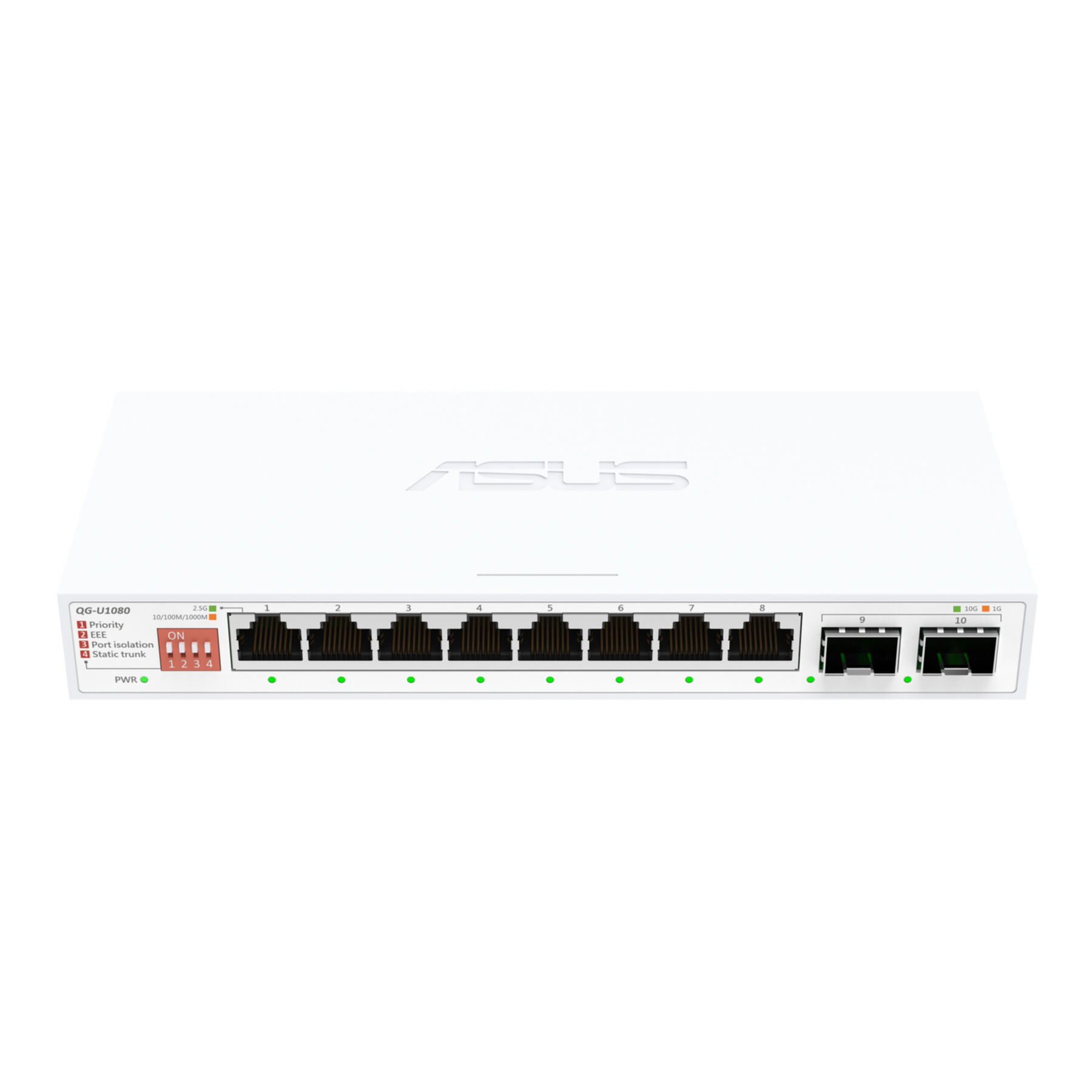 Uno switch di rete Asus bianco con porte Ethernet multiple, spie LED e interruttori DIP sul pannello frontale.