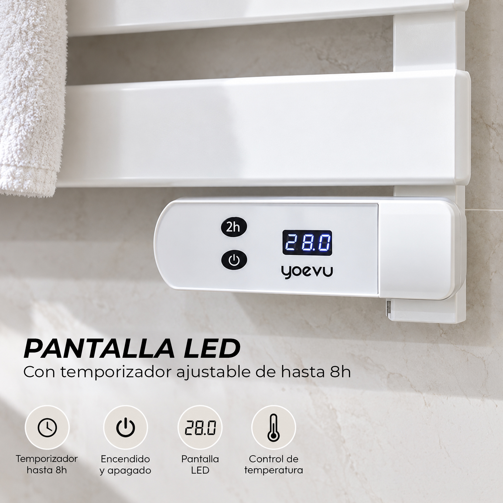 Toallero blanco con pantalla LED, temporizador y control de temperatura.
