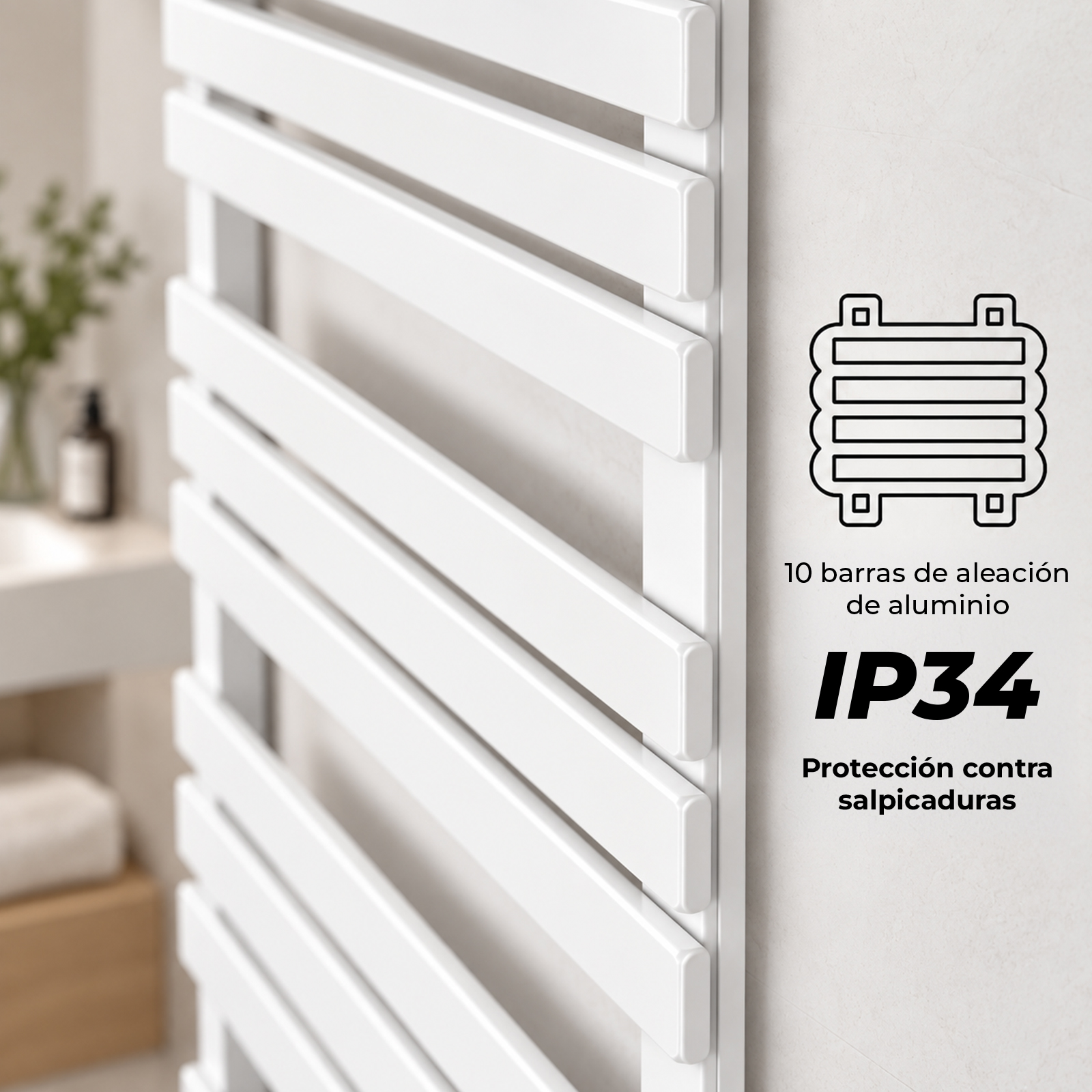 Toallero de aluminio blanco con 10 barras y protección contra salpicaduras IP34 en una pared.